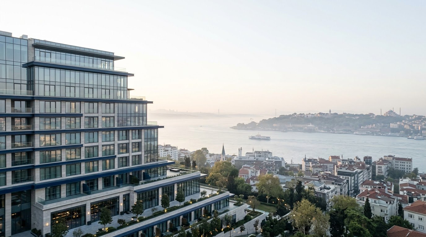 İstanbul'da Boğaz'a bakan, cam ve taş cepheli bir şehir oteli